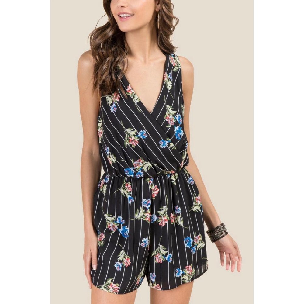NWT Everly S Small Romper Jumpsuit Black Floral Stripe from Francesca's MSRP $44